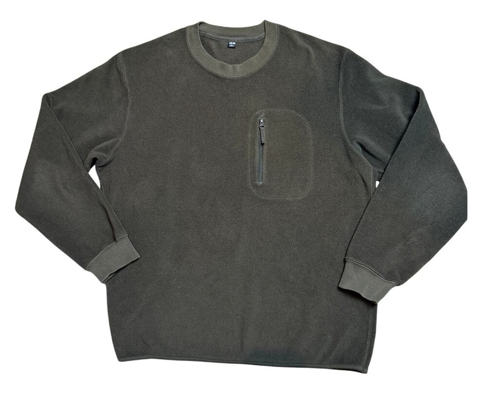 Uniqlo Men's Olive Green Fleece Pullover Crew Neck Zip Chest Pocket M
